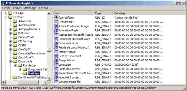 Menu contextuel Nouveau dans la Base de registre