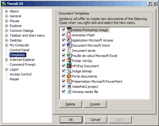 Menu Nouveau dans Tweakui