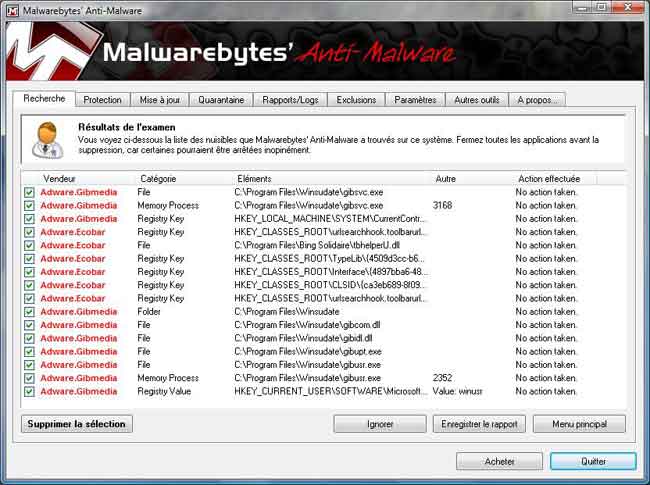 Malewarebytes : infection