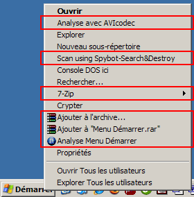 Menu contextuel du menu Démarrer