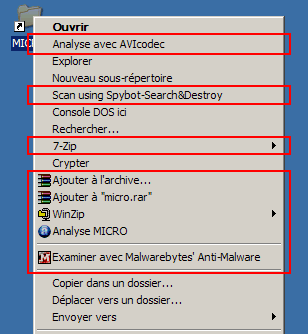 Menu contextuel d'un dossier