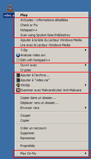 Menu contextuel du menu Démarrer