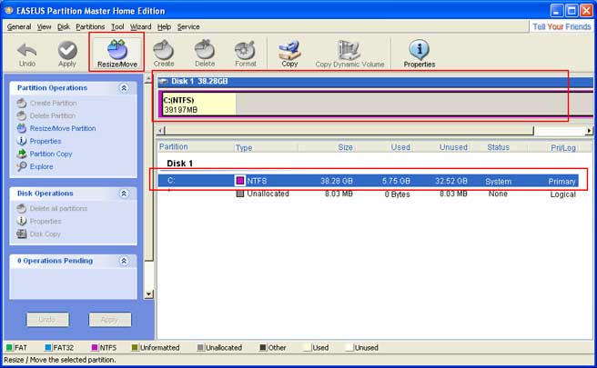 Easeus : cliquer sur Resize Move