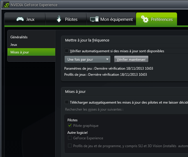 NVIDIA - désactiver la recherche de mises à jour