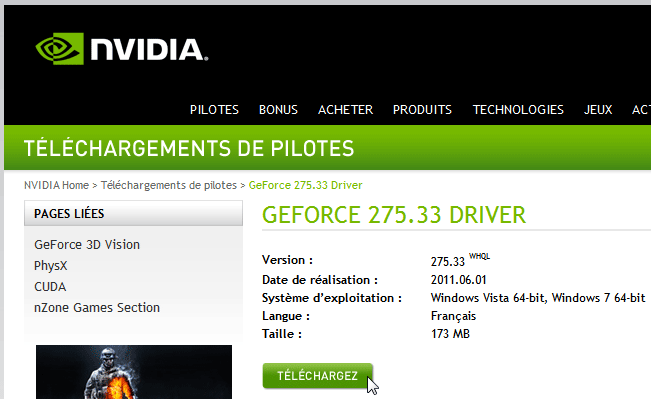Téléchargement sur le site Nvidia