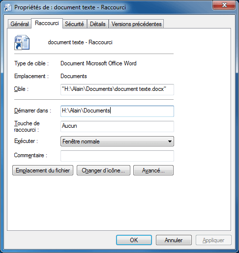 Propriétés d'un raccourci