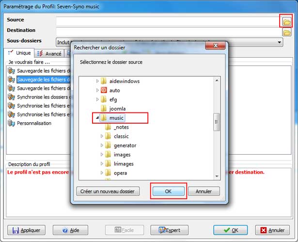 SyncBack : Sélectionner le dossier source