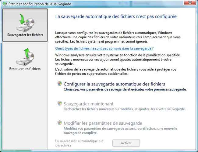 Sauvegarde et restauration : Windows Vista Familiale