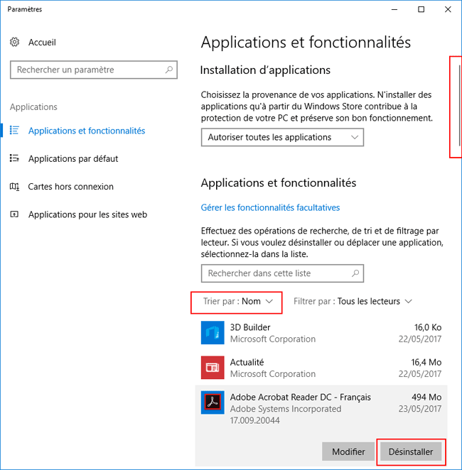 Windows 10 - Applications et fonctionnalités