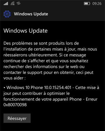 Windows 10 Mobile : problème de mise à jour