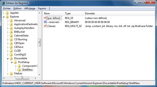 Windows 7 : menu Nouveau dans Base de Registre