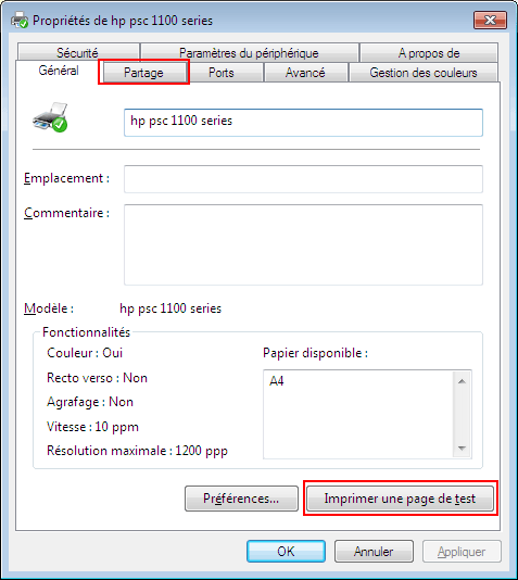 Windows 7 : Propriétés de l'imprimante