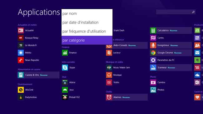 Windows 8.1 - Ecran d'accueil - Applications