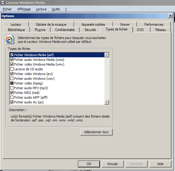 Lecteur Windows Media : Types de fichier