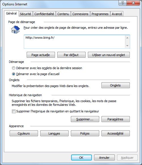 Options Internet : Général