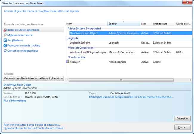 Internet Explorer 11 : Modules complémentaires - Flash Player