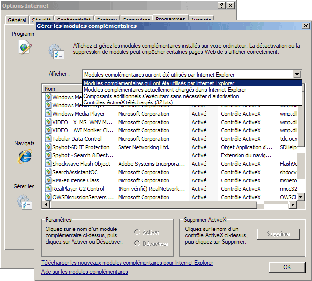 Gérer les modules complémentaires sous IE7 / Windows XP