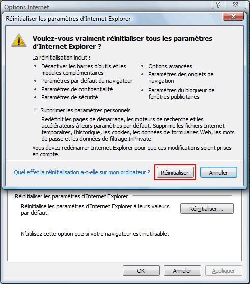 Réinitialiser Internet Explorer