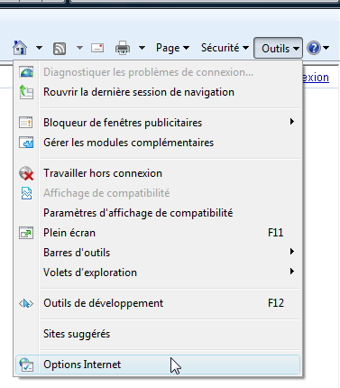 menu Outils, Options Internet