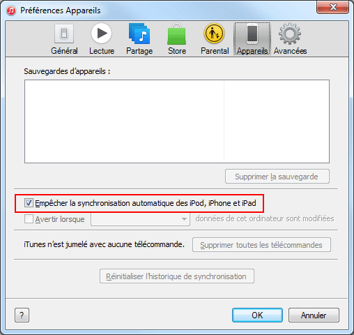 iTunes Préférences Appareils