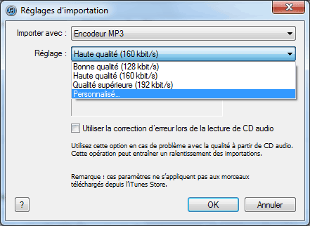 iTunes : Réglages d'imortation