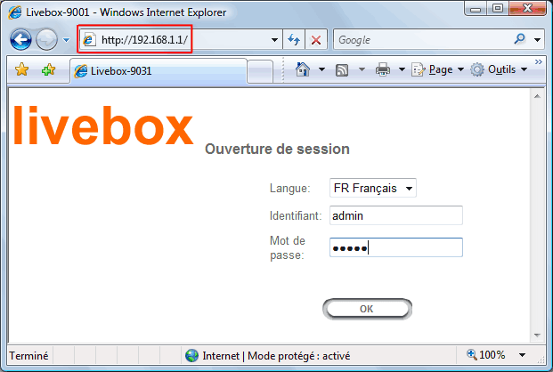 Taper l'adresse de la LiveBox