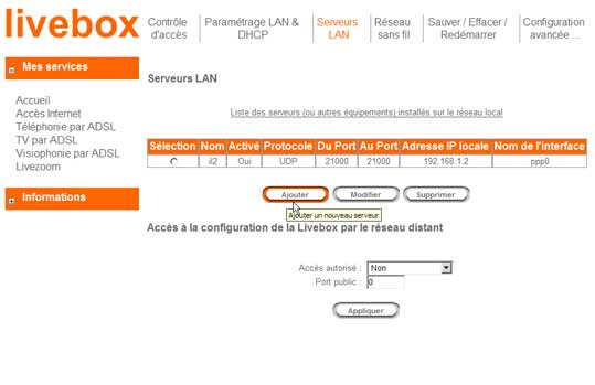 Ajouter un nouveau serveur (Livebox)