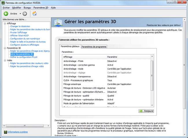 Nvidia Paramètres 3D