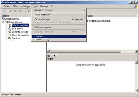 Outlook Express : menu Outils, Comptes...