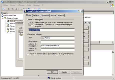 Outlook Express : Propriétés, onglet Général