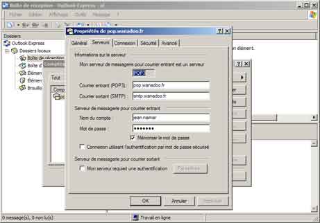 Outlook Express : Propriétés, onglet Serveurs