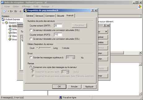 Outlook Express : Propriétés, onglet Avancé