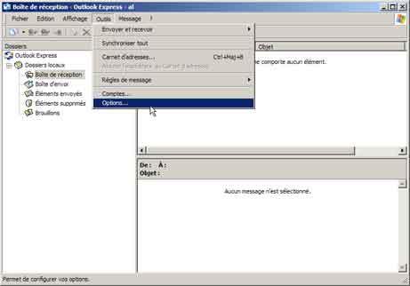 Outlook Express : menu Outils, Comptes...