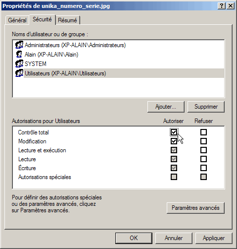 Propriétés, onglet Sécurité
