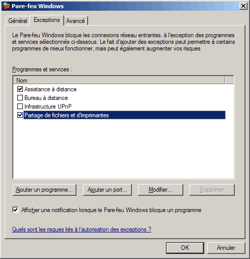 Pare-feu Windows : Exceptions