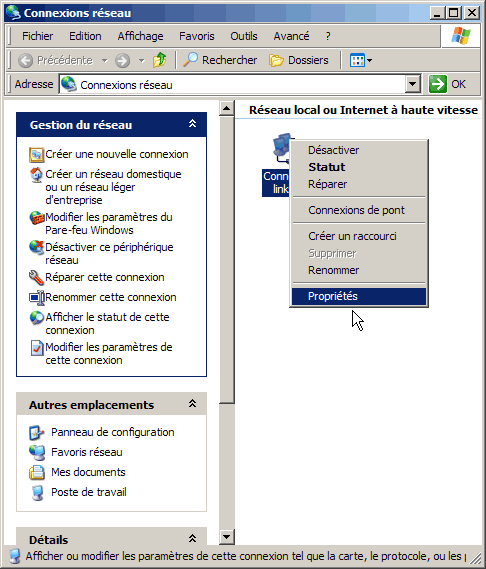 Propriétés de la connexion réseau