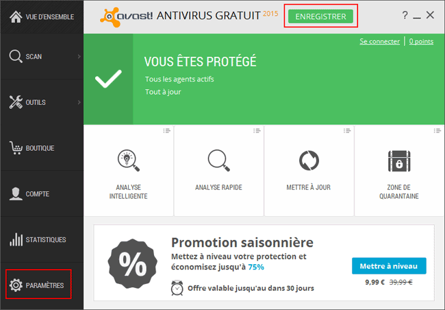 Avast - Fenêtre principale