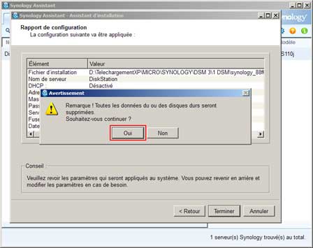 Installation Synology : Rapport de configuration