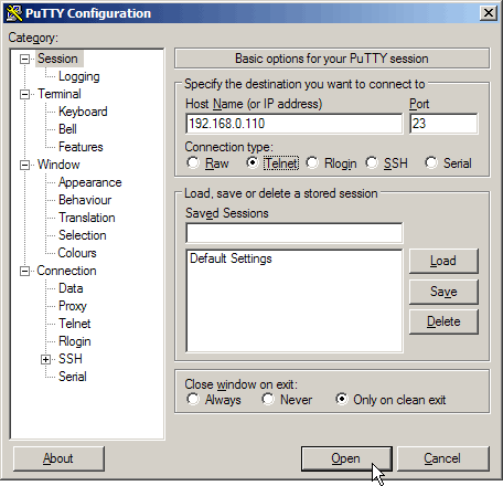 lancer PuTTY en Telnet