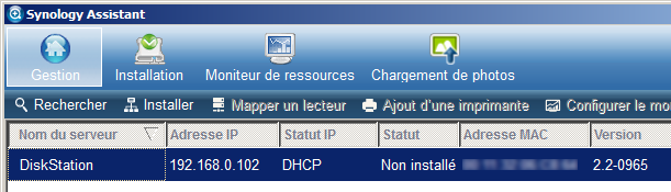 Menu de Synology Assistant