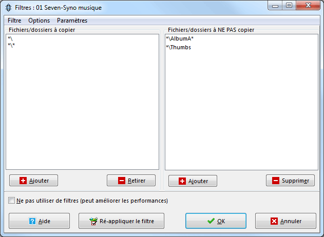 SyncBack : Modifier les filtres