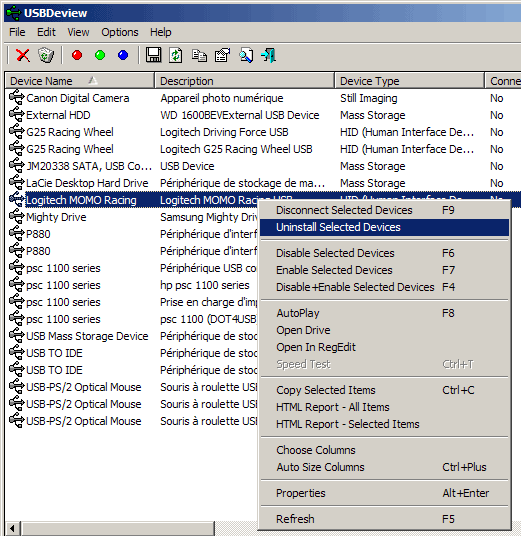 Utilisation de USBDeview