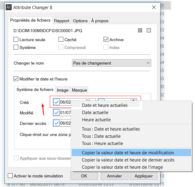 Attribute Changer : Copier la valeur et date de modification