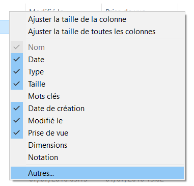 Windows 10 - affichage des colonnes dans l'Explorateur de fichiers