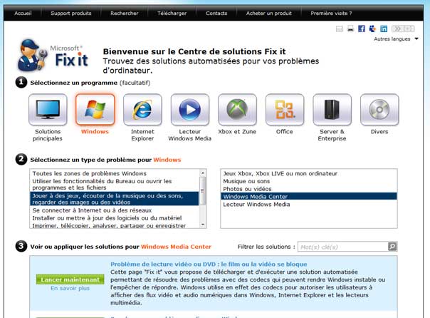 Utilisation de Microsoft Fix it Centre de Solutions