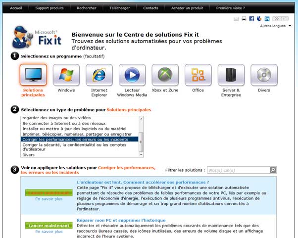 Utilisation de Microsoft Fix it Centre de Solutions