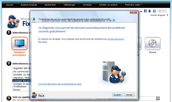 Utilisation de Microsoft Fix it Centre de Solutions