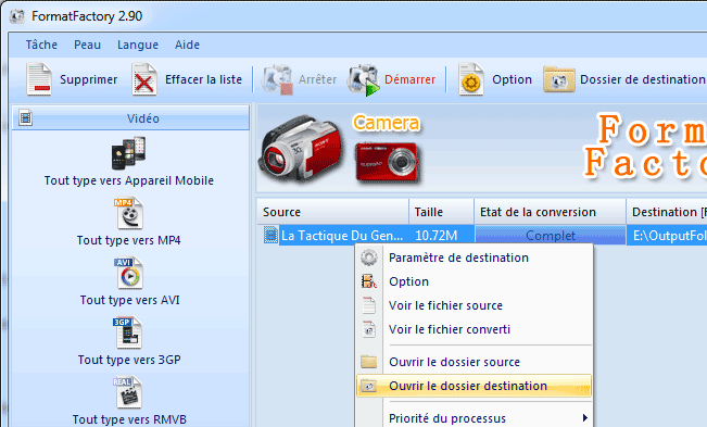Format Factory : ouvrir le dossier destination