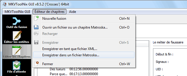 MKVtoolnix - Créer un fichier de chapitres