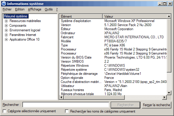 Informations système de Windows 